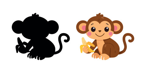 Cute monkey cartoon with banana and shadow silhouette for kids educational game © Tamila