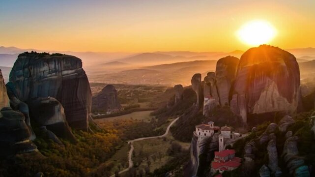 Meteora, Kalabaka, Greece. Monastery of the Transfiguration of the Saviour. Meteora - rocks, up to 600 meters high. There are 6 active Greek Orthodox monasteries listed on the UNESCO list. 4K Video.