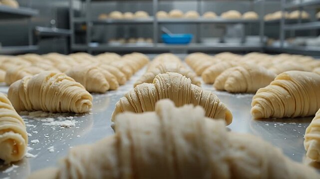 croissants on baking rack in bakery kitchen flour dusted dough