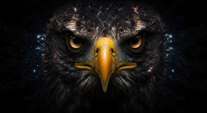 Fierce Eagle Head with Digital Circuitry Background in Dark Style