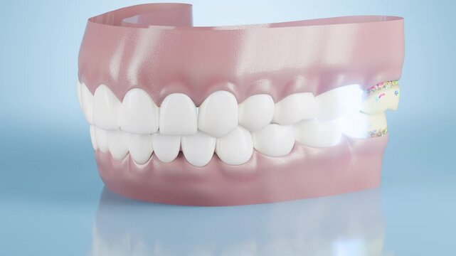 3D animation simulating teeth with plaque and bacteria. Explaining bacterial buildup and tartar formation, ideal for oral hygiene education and dental product marketing