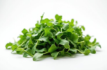 Fototapeta premium Heap of fresh green arugula leaves isolated on white background. Healthy raw vegetable ingredient for salads and meals. Natural garden produce for cooking.