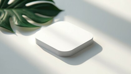 Obraz premium Stack of white rounded square cards on clean surface. Tropical green leaf casts shadow. Perfect for graphic design branding presentations business identity.