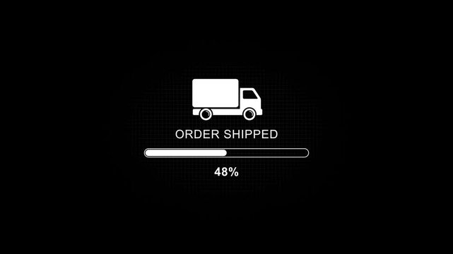 Order shipped loading animation white truck on black background with progress bar and text for ecommerce and delivery concept