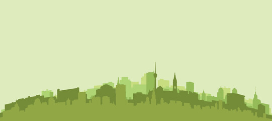 Fototapeta premium Green panoramic poster of the city skyline with solid background buildings on a hilly terrain of STUTTGART, GERMANY