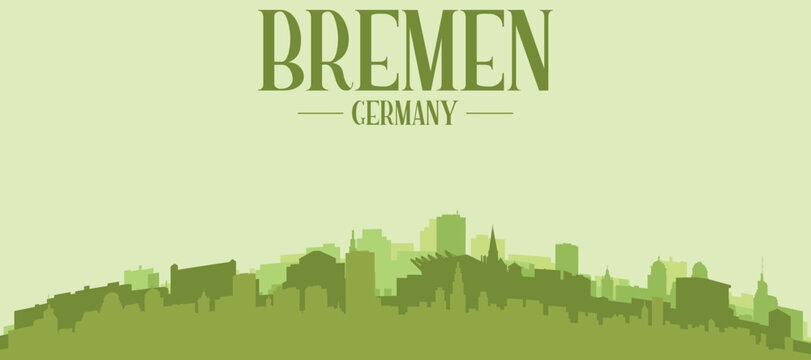 Green panoramic poster of the city skyline with solid background buildings on a hilly terrain of BREMEN, GERMANY