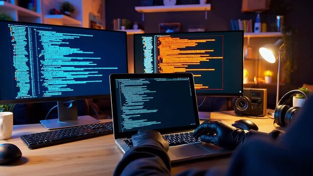 Person coding on multiple computer screens