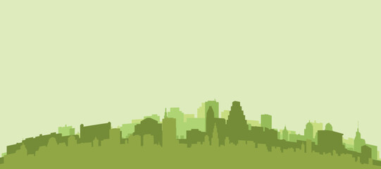 Green panoramic poster of the city skyline with solid background buildings on a hilly terrain of AUSTIN, TEXAS