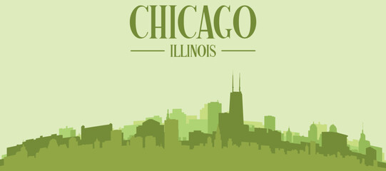 Fototapeta premium Green panoramic poster of the city skyline with solid background buildings on a hilly terrain of CHICAGO, ILLINOIS