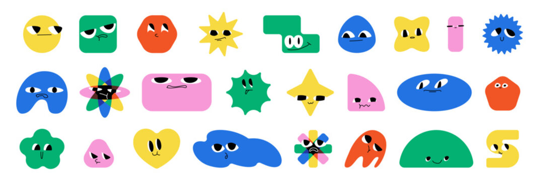 Cute cartoon shapes with funny faces and happy smiles, vector set isolated on white background. Colorful geometric characters with eyes and different emotions, kids designs and creative projects.
