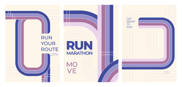 Marathon poster set, vector backgrounds. Sport banners collection with abstract running tracks, color lines with dynamic speed effect, race events design, competition layout template, invitation cards