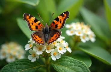 Obraz premium Orange butterfly rests on tiny white flowers. Green leaves surround bloom. Insect wings display black orange patterns. Closeup macro shows natural detail.