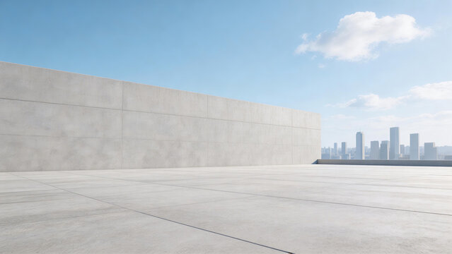 Empty concrete wall and pavement with distant city skyline. Modern architecture, clean design, open outdoor space with blue sky and clouds. Ideal for urban building concepts.