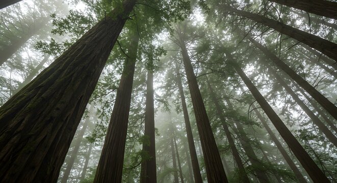 Tall Redwood Trees in Foggy Forest with Green Foliage and Misty Atmosphere