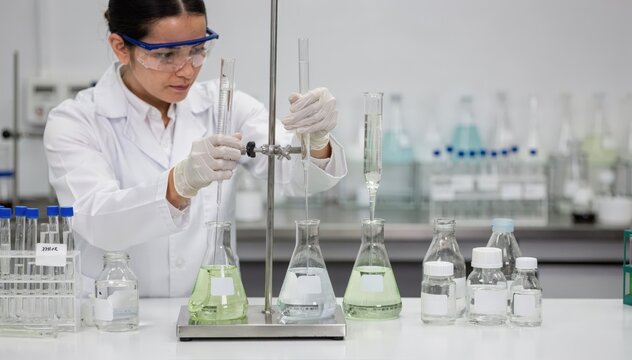 Laboratory medium shot showing a scientist conducting titration tests on pesticide solutions meticulously measuring reagents at organized lab benches.