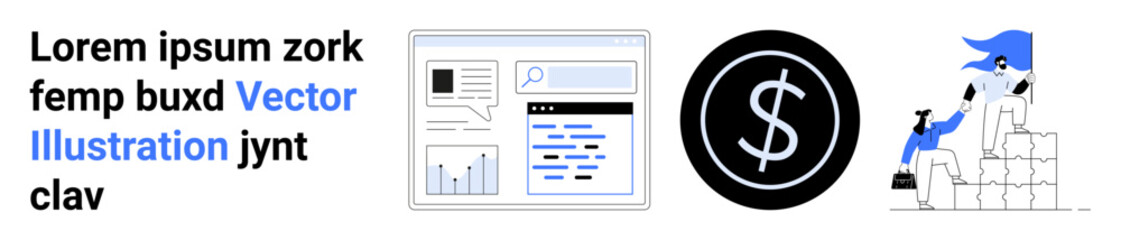 Obraz premium Business analysis, financial strategy, teamwork, digital marketing, economic growth, productivity. Interface with graphs, dollar icon team stacking blocks. Business analysis and financial strategy