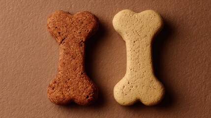 Two bone shaped dog biscuits on brown background. Crunchy pet treat for animal training or reward. Healthy snack for domestic canine. Natural ingredient for balanced diet of puppy.