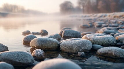 Naklejka premium Frosted stones by a river bank covered in morning mist. Cold winter landscape with ice crystals on smooth rocks near water. Serene nature scenery during a freezing dawn in late autumn.