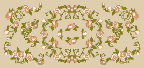 Naklejka premium Vintage nouveau floral border with roses and delicate vines with leaves, retro pattern, corner frame with pink flowers for romantic wedding invitations, botanical prints, or decorative book covers.