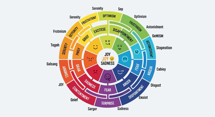 A detailed emotion wheel illustrating the spectrum of human feelings from joy to sadness, with various nuanced emotions branching out.