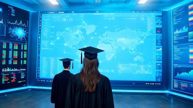 Two graduates in cap and gown viewing large digital screen