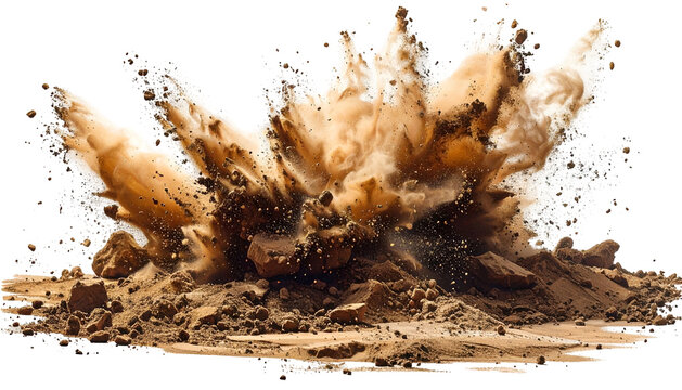 A powerful explosion erupts from the ground, sending earth and debris outward in all directions