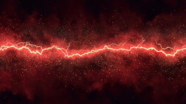 Bright red lightning bolt striking across dark stormy sky with glowing sparks. Powerful electrical discharge and energy plasma background. Abstract nature element for danger concept.