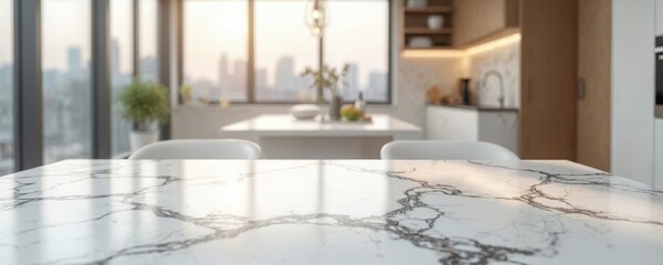 Obraz premium White marble table surface with dark veining in a modern kitchen setting. Blurred background shows city view and dining area, perfect for product shots.