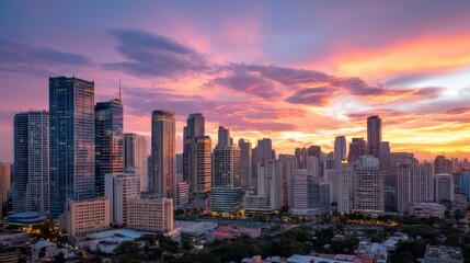 Obraz premium Skyline of Manila city with skyscraper and business district during dramatic sunset. Urban landscape with transition from daylight to evening lights. Modern architecture development concept.