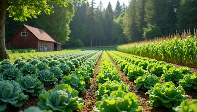 Rich rows of cabbages and corn grow on farm. Rustic barn sits near forest edge. Agricultural field shows mixed crops and green trees. Healthy food cultivation.