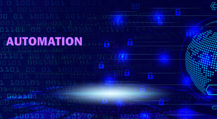 Automation technology background with digital globe and binary code for IT maintenance presentation