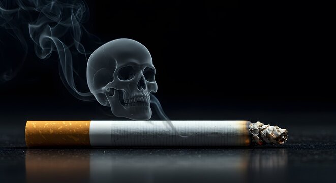 Skull Emerging From Burning Cigarette with Smoke on Black Background