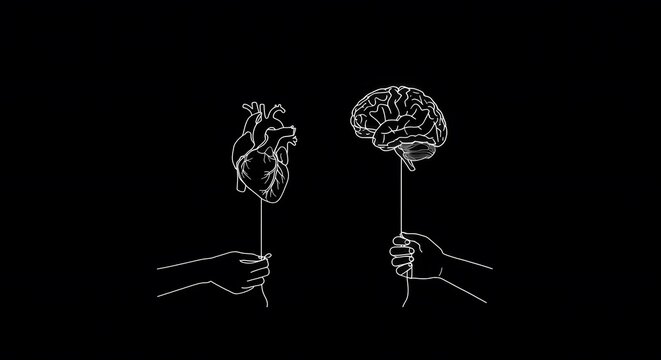 Minimalist Line Art of Heart and Brain Puppets on Black Background