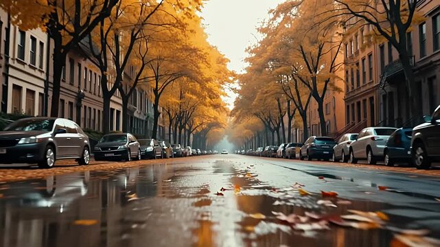 autumn city street with reflections on wet puddles