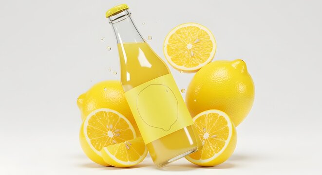 Lemonade Bottle with Fresh Lemons and Lemon Slices on White Background