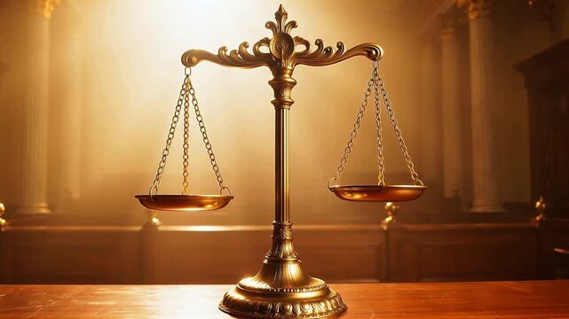 Golden scale of justice in courtroom