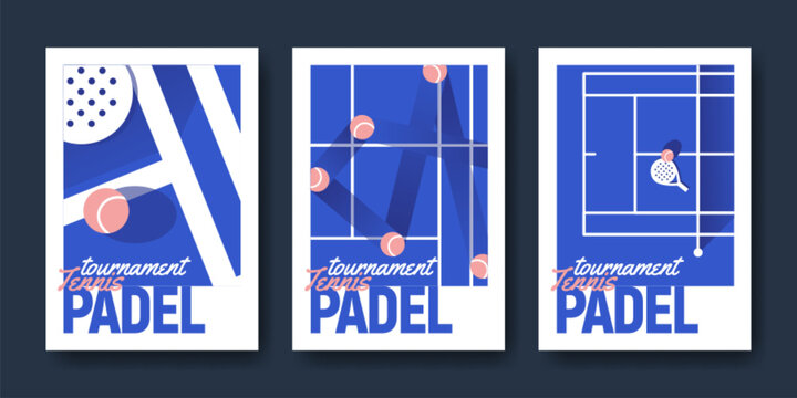 Padel tournament posters. Set of vector illustrations with court, rackets and ball, modern sport match flat banner design. Paddle tennis event flyers and competition templates