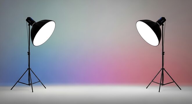 Professional photography studio lighting setup with softbox lights and tripod stands