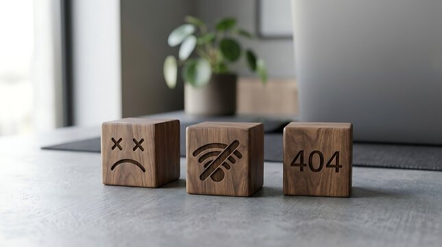 Three wooden blocks with error symbols: dead face, no wifi, and 404 page