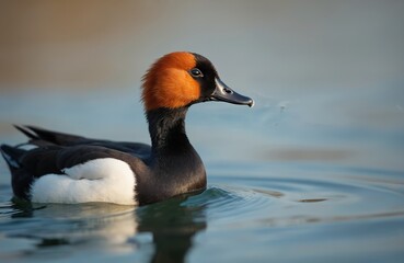 Obraz premium Male Red-crested Pochard duck swims on calm blue water. Bird has distinct rusty red head black neck and white flanks. Ducks are migratory waterbirds found in freshwater lakes and wetlands.