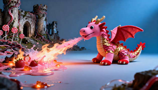 wild sock puppet dragons breathing strawberry milkshake fire perfect for surreal medieval and creative backgrounds
