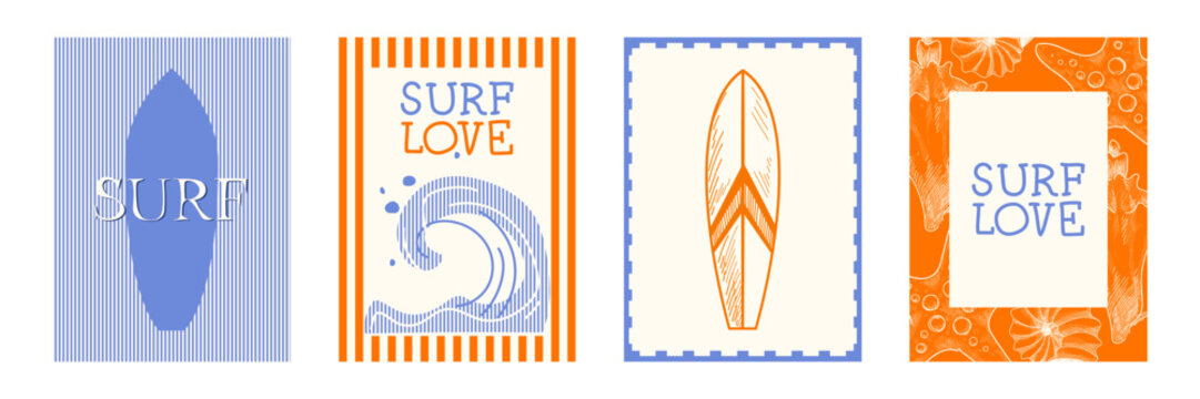 Vintage surf stamp, summer hand drawn coastal posters, set vector illustrations. Retro beach badge design, travel postcards with seashells in minimalist borders, tropical stickers with surfboards