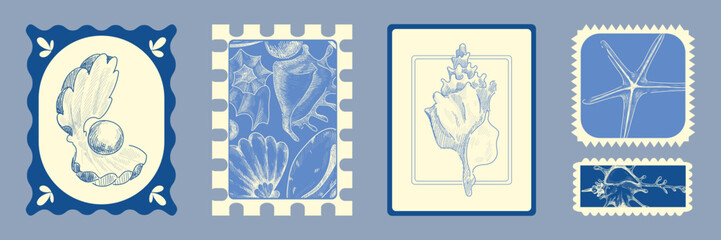 Fototapeta premium Vintage summer beach stamp, hand drawn coastal posters, set vector illustrations. Retro tropical travel badge design, vintage postcards with seashells, starfish in minimalist borders, sketch stickers