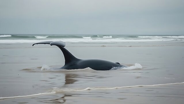 motherliness. Beached whale with tail fin splashing in shallow water under overcast sky. wildlife magazines, conservation campaigns, designed for eco-tourism storytelling.