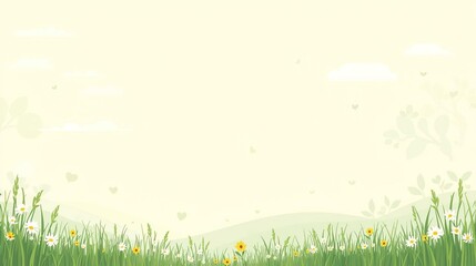 Obraz premium Flat style spring meadow banner with daisies, green grass and soft yellow sky. Wide copy space for Easter 2026, Women's Day, spring sale and greeting card designs.
