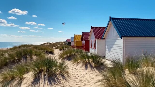 Colorful beach huts line a sandy dune path leading to the ocean