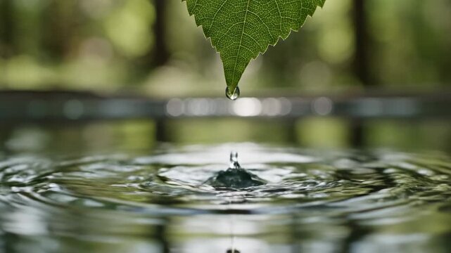 Water droplet suspended from green leaf falls into calm water surface, creating ripples and reflections in a serene natural environment with blurred background