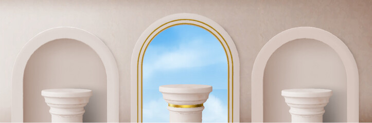 Naklejka premium Roman pillars on beige wall background with arch windows. Vector realistic illustration of antique marble podium on blue sky backdrop, decorated with golden design elements, elegant 3D gallery display