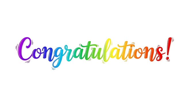 A colorful celebratory message of congratulations in a whimsical font on a plain white background with vibrant rainbow hues