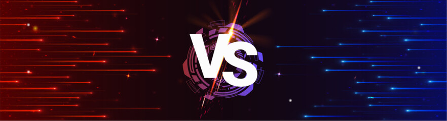 Red and blue versus screen with hi tech frame and neon light effects. Vector realistic illustration of futuristic metallic hud design element, competitive gaming battles, esport tournaments concept © klyaksun
